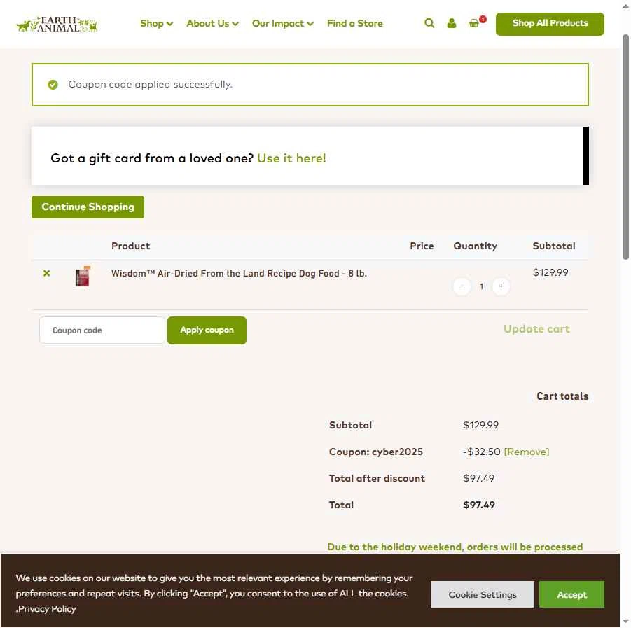 Earth Animal checkout page showing Earth Animal coupon code box | Screenshot taken by SimplyCodes community member on Dec 1, 2025