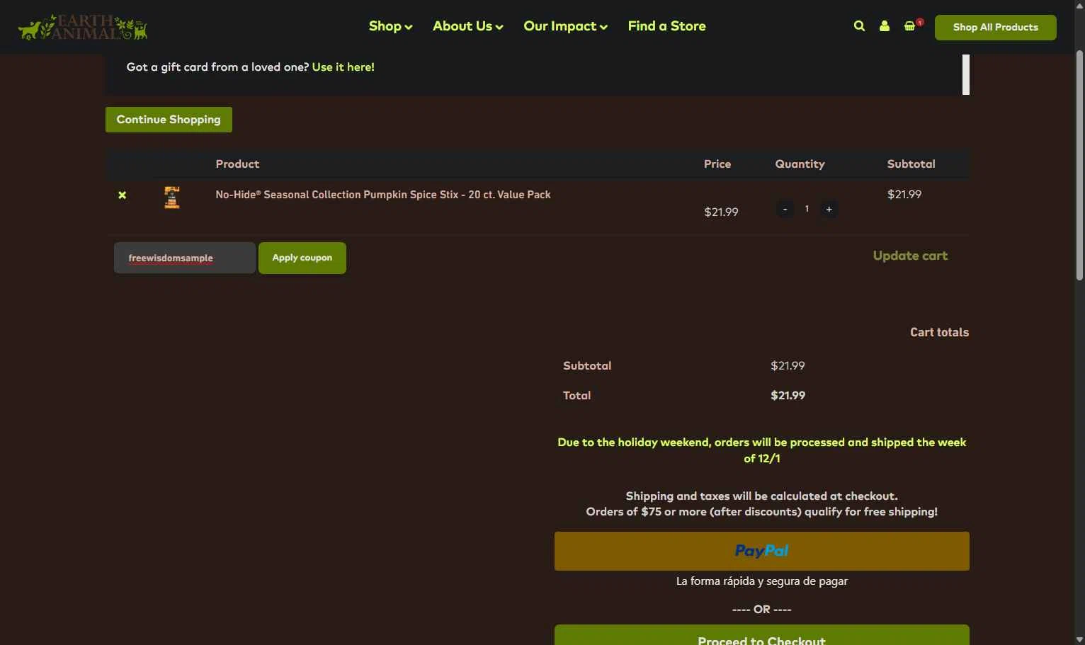 Earth Animal checkout page showing Earth Animal coupon code box | Screenshot taken by SimplyCodes community member on Dec 2, 2025