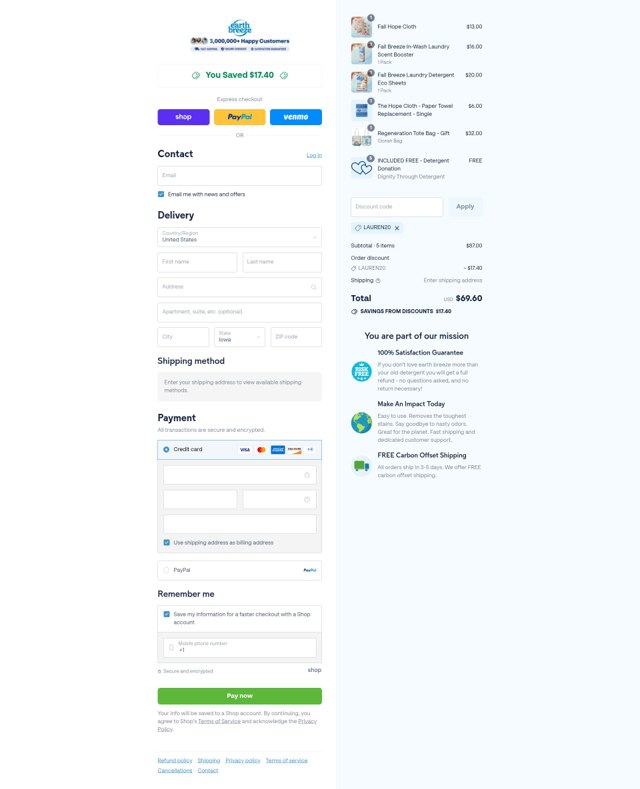 Earthbreeze checkout page showing Earthbreeze discount code box | Screenshot taken by SimplyCodes community member on Sep 6, 2025