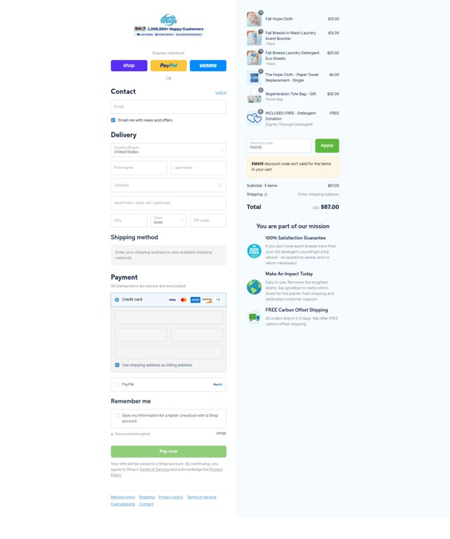 Earthbreeze checkout page showing Earthbreeze discount code box | Screenshot taken by SimplyCodes community member on Sep 6, 2025