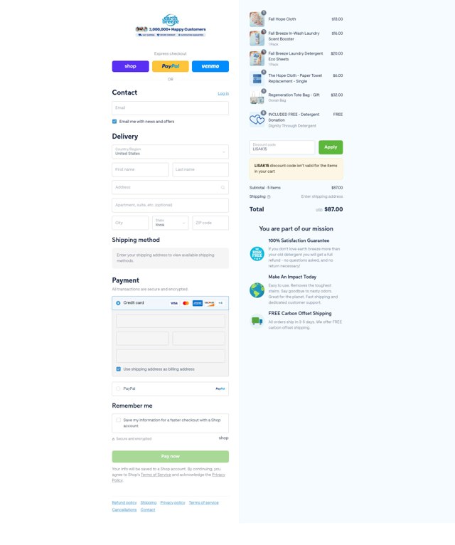 Earthbreeze checkout page showing Earthbreeze discount code box | Screenshot taken by SimplyCodes community member on Sep 6, 2025