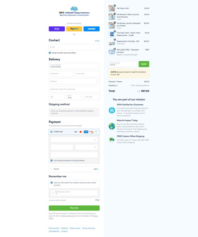 Earthbreeze checkout page showing Earthbreeze discount code box | Screenshot taken by SimplyCodes community member on Sep 6, 2025