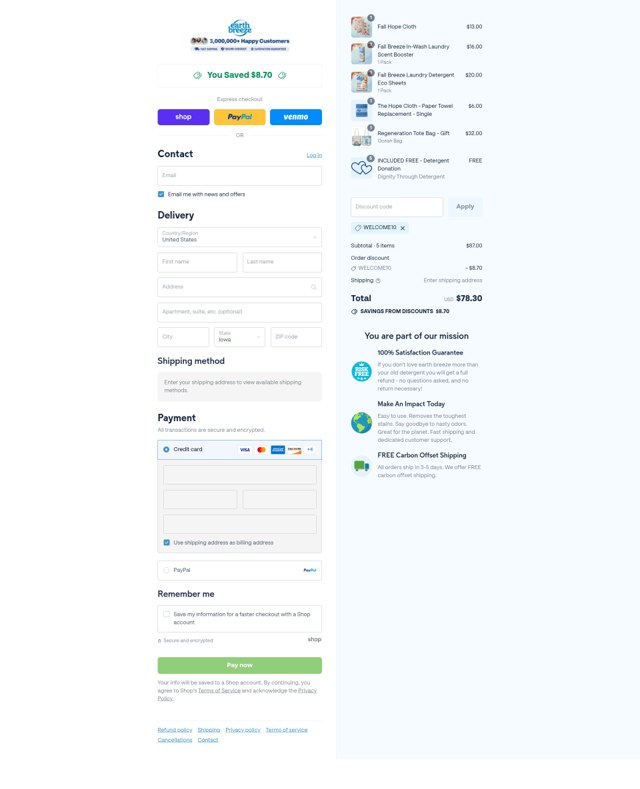 Earthbreeze checkout page showing Earthbreeze discount code box | Screenshot taken by SimplyCodes community member on Sep 6, 2025