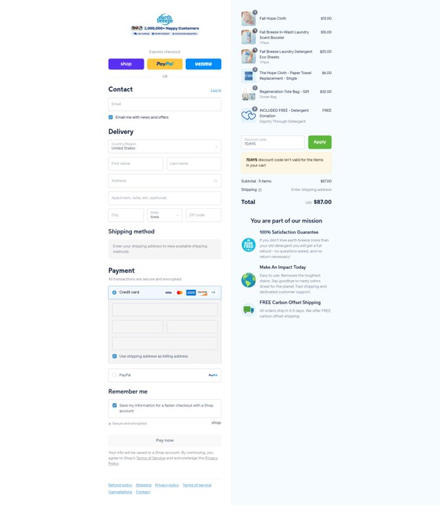 Earthbreeze checkout page showing Earthbreeze discount code box | Screenshot taken by SimplyCodes community member on Sep 6, 2025