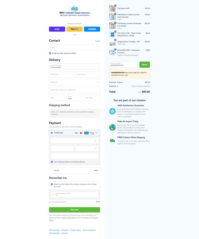 Earthbreeze checkout page showing Earthbreeze discount code box | Screenshot taken by SimplyCodes community member on Sep 6, 2025