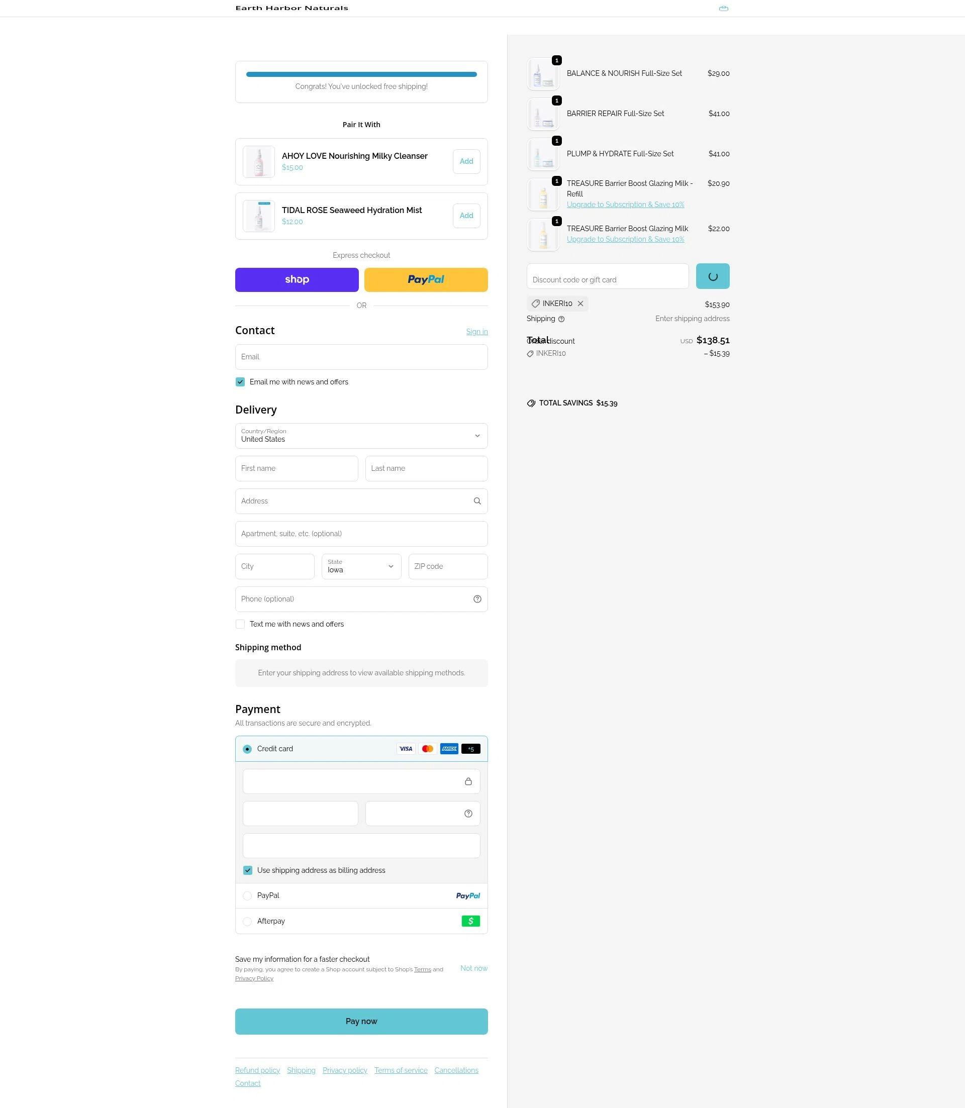 Earth Harbor checkout page showing Earth Harbor discount code box | Screenshot taken by SimplyCodes community member on Feb 13, 2026