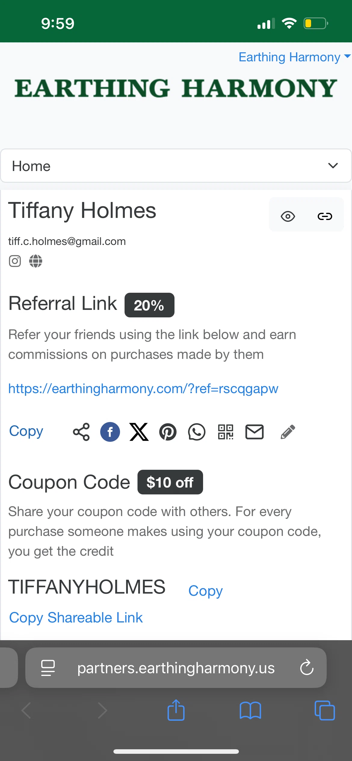 Earth Harmony discount code screenshot showing code TIFFANYHOLMES applied at Earth Harmony checkout page. Uploaded by SimplyCodes community member abundantgoddess114 on Jan 15, 2026