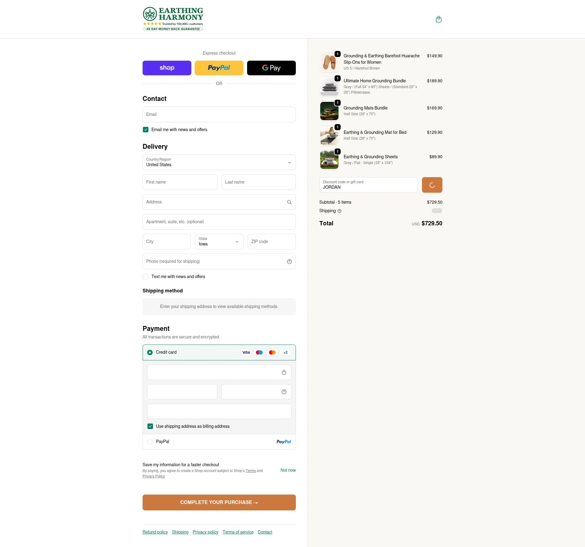 Earth Harmony checkout page showing Earth Harmony discount code box | Screenshot taken by SimplyCodes community member on Feb 17, 2026