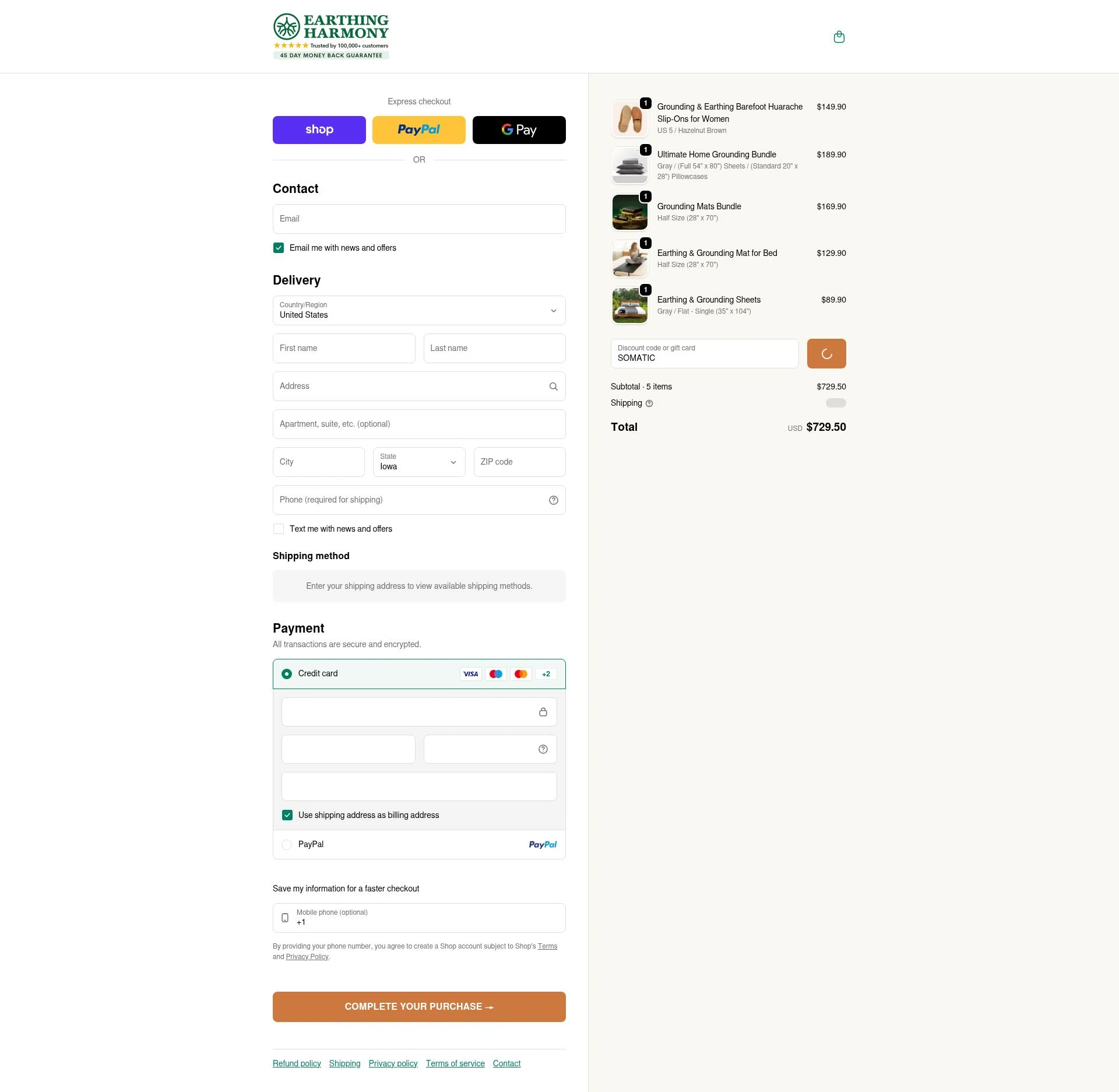 Earth Harmony checkout page showing Earth Harmony discount code box | Screenshot taken by SimplyCodes community member on Feb 13, 2026