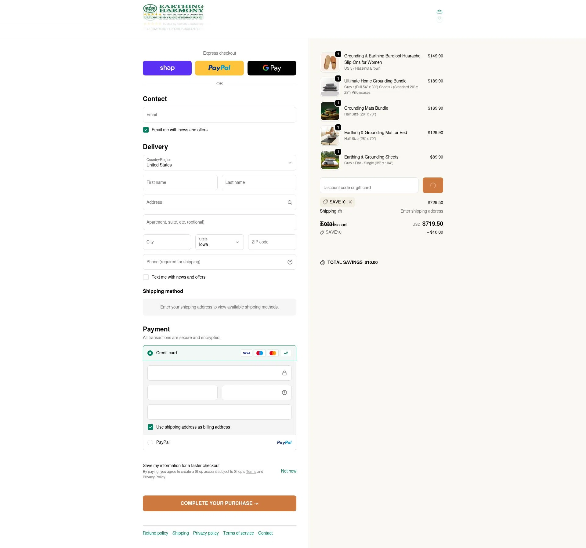 Earth Harmony checkout page showing Earth Harmony discount code box | Screenshot taken by SimplyCodes community member on Feb 17, 2026