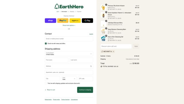 EarthHero checkout page showing EarthHero promo code box | Screenshot taken by SimplyCodes community member on Sep 4, 2025