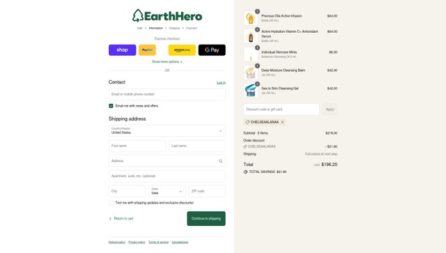 EarthHero checkout page showing EarthHero promo code box | Screenshot taken by SimplyCodes community member on Sep 4, 2025