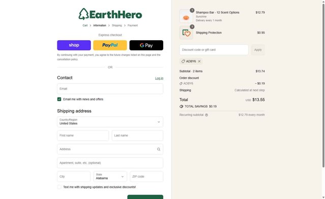 EarthHero checkout page showing EarthHero promo code box | Screenshot taken by SimplyCodes community member on Sep 4, 2025