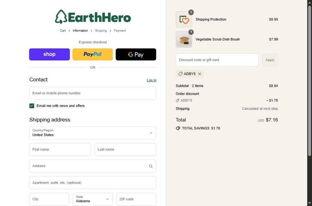EarthHero checkout page showing EarthHero promo code box | Screenshot taken by SimplyCodes community member on Sep 4, 2025