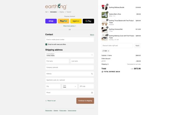 Earthing checkout page showing Earthing discount code box | Screenshot taken by SimplyCodes community member on Sep 12, 2025