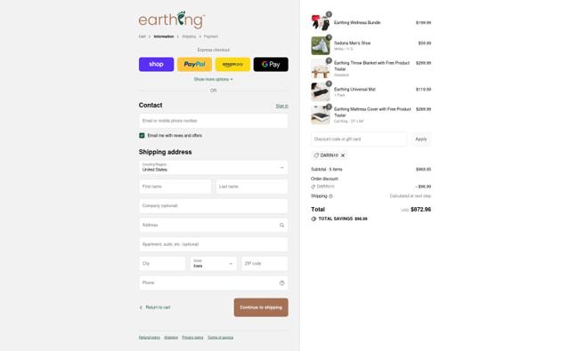 Earthing checkout page showing Earthing discount code box | Screenshot taken by SimplyCodes community member on Sep 12, 2025