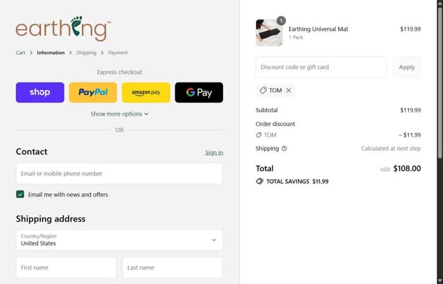 Earthing checkout page showing Earthing discount code box | Screenshot taken by SimplyCodes community member on Sep 12, 2025