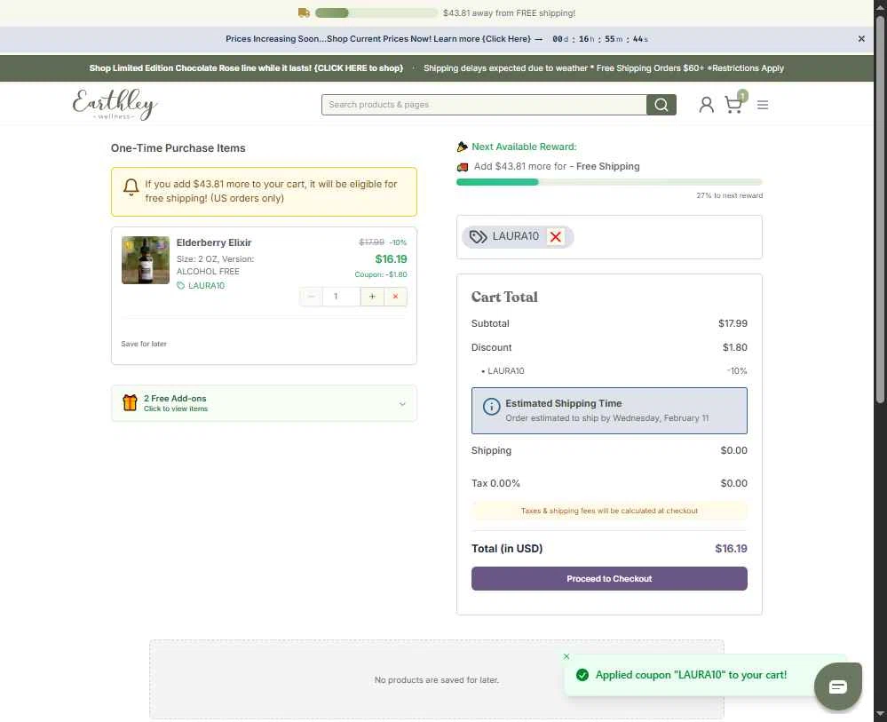 Earthley checkout page showing Earthley coupon code box | Screenshot taken by SimplyCodes community member on Feb 5, 2026