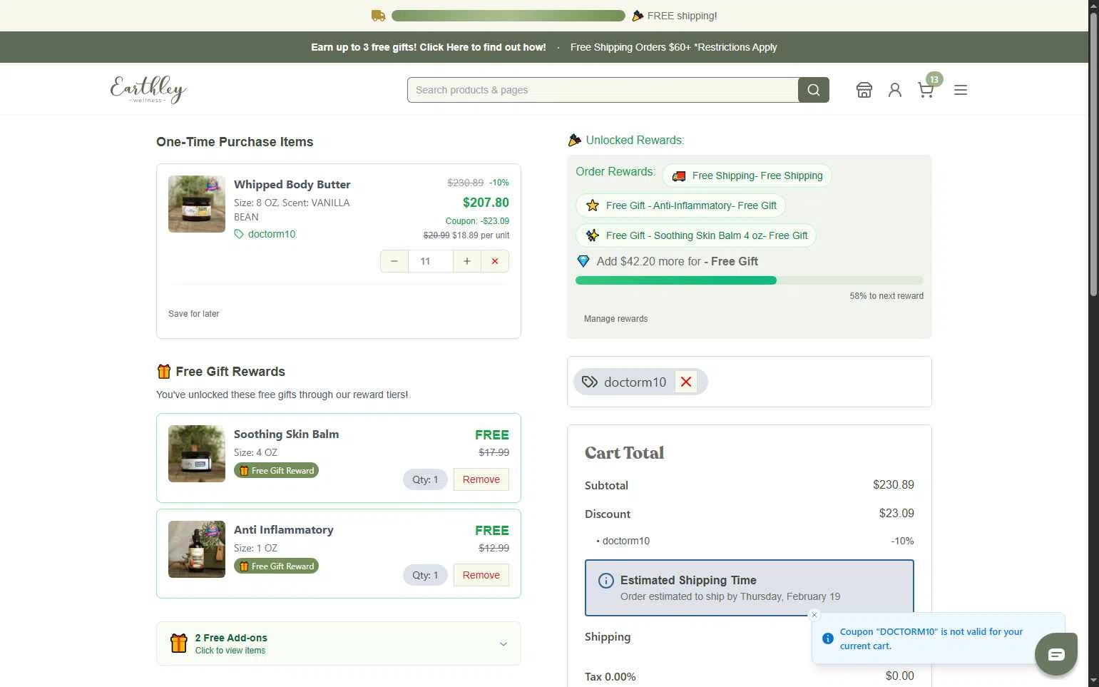 Earthley checkout page showing Earthley coupon code box | Screenshot taken by SimplyCodes community member on Feb 14, 2026