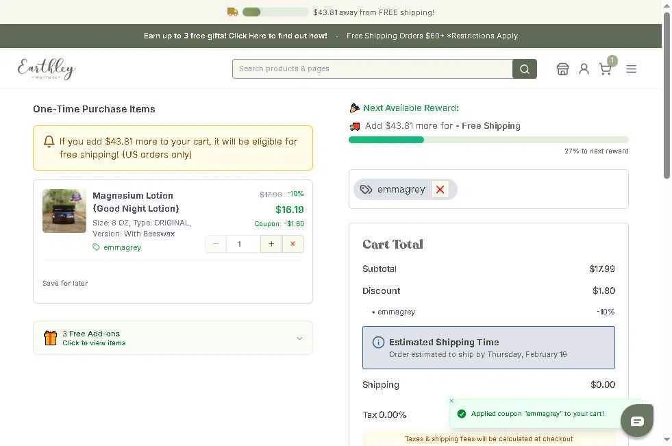 Earthley checkout page showing Earthley coupon code box | Screenshot taken by SimplyCodes community member on Feb 13, 2026