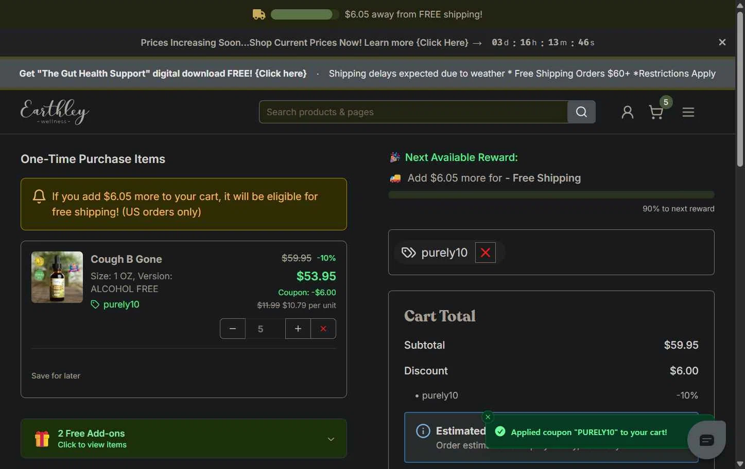 Earthley checkout page showing Earthley coupon code box | Screenshot taken by SimplyCodes community member on Feb 2, 2026