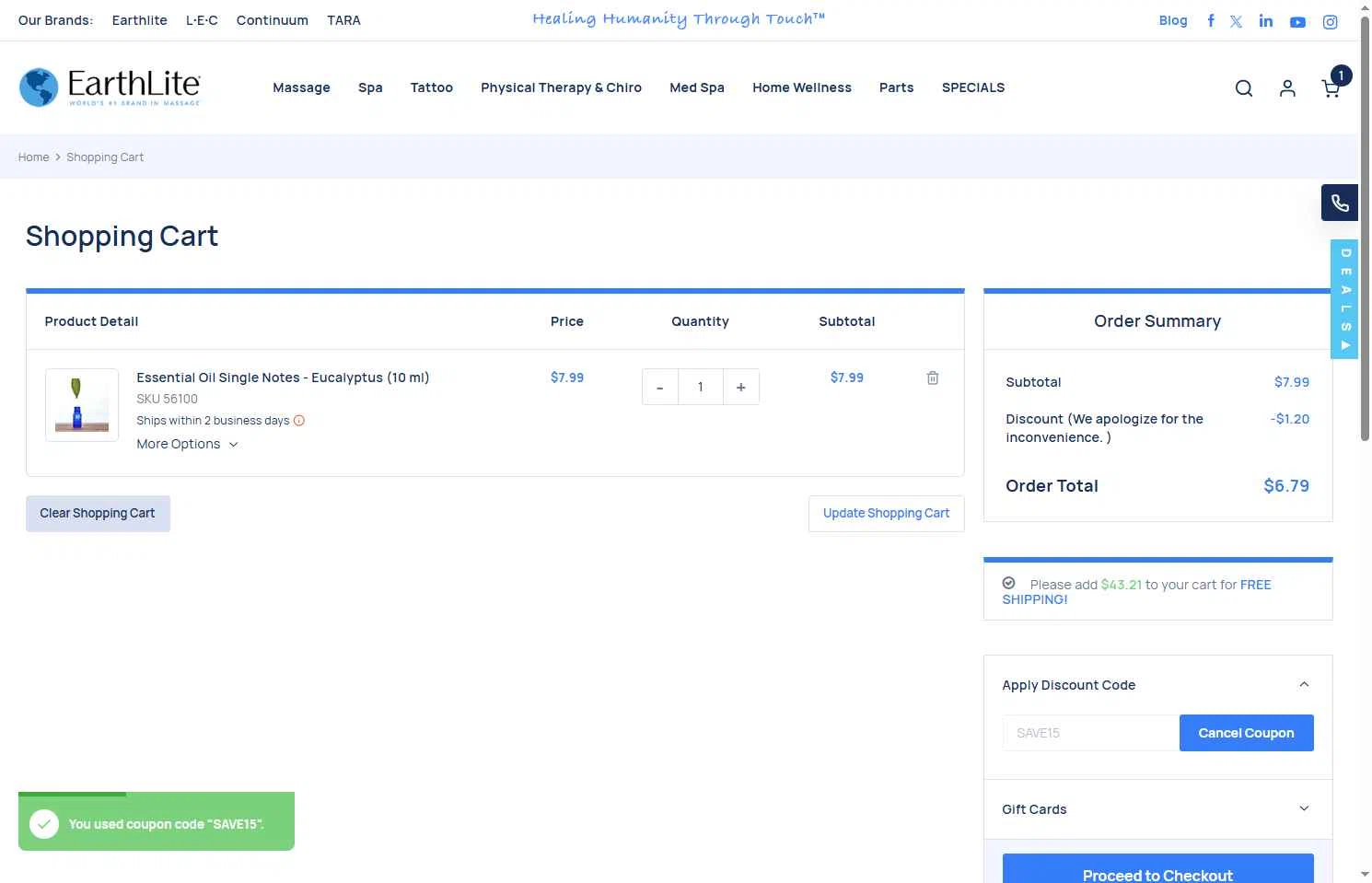 Earthlite checkout page showing Earthlite discount code box | Screenshot taken by SimplyCodes community member on Aug 4, 2025