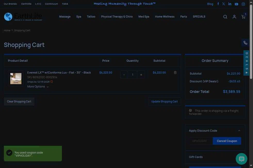 Earthlite checkout page showing Earthlite discount code box | Screenshot taken by SimplyCodes community member on Nov 10, 2025
