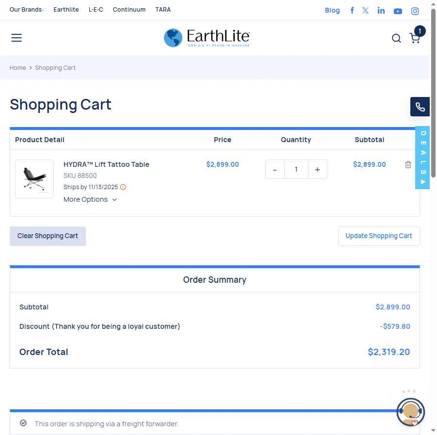 Earthlite checkout page showing Earthlite discount code box | Screenshot taken by SimplyCodes community member on Oct 30, 2025