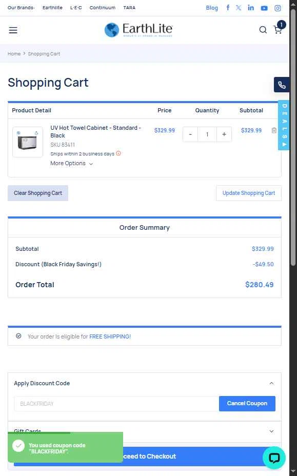 Earthlite checkout page showing Earthlite discount code box | Screenshot taken by SimplyCodes community member on Nov 17, 2025