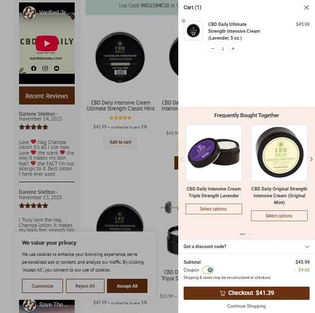 Earthly Body checkout page showing Earthly Body coupon code box | Screenshot taken by SimplyCodes community member on Nov 20, 2025