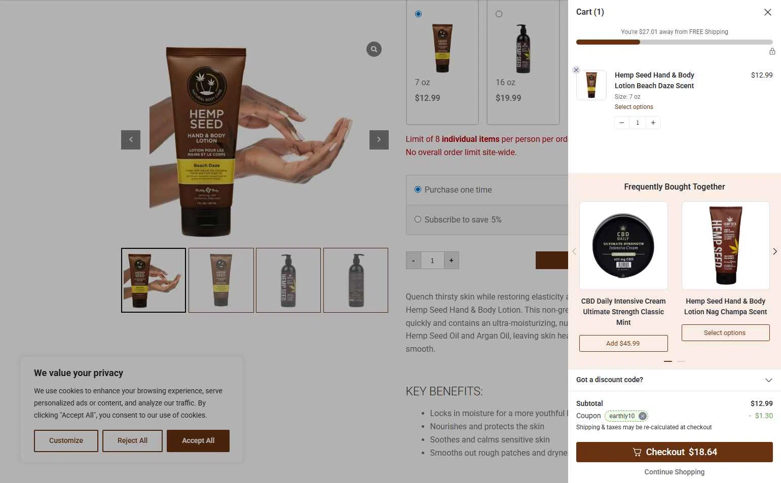 Earthly Body checkout page showing Earthly Body coupon code box | Screenshot taken by SimplyCodes community member on Jan 17, 2026