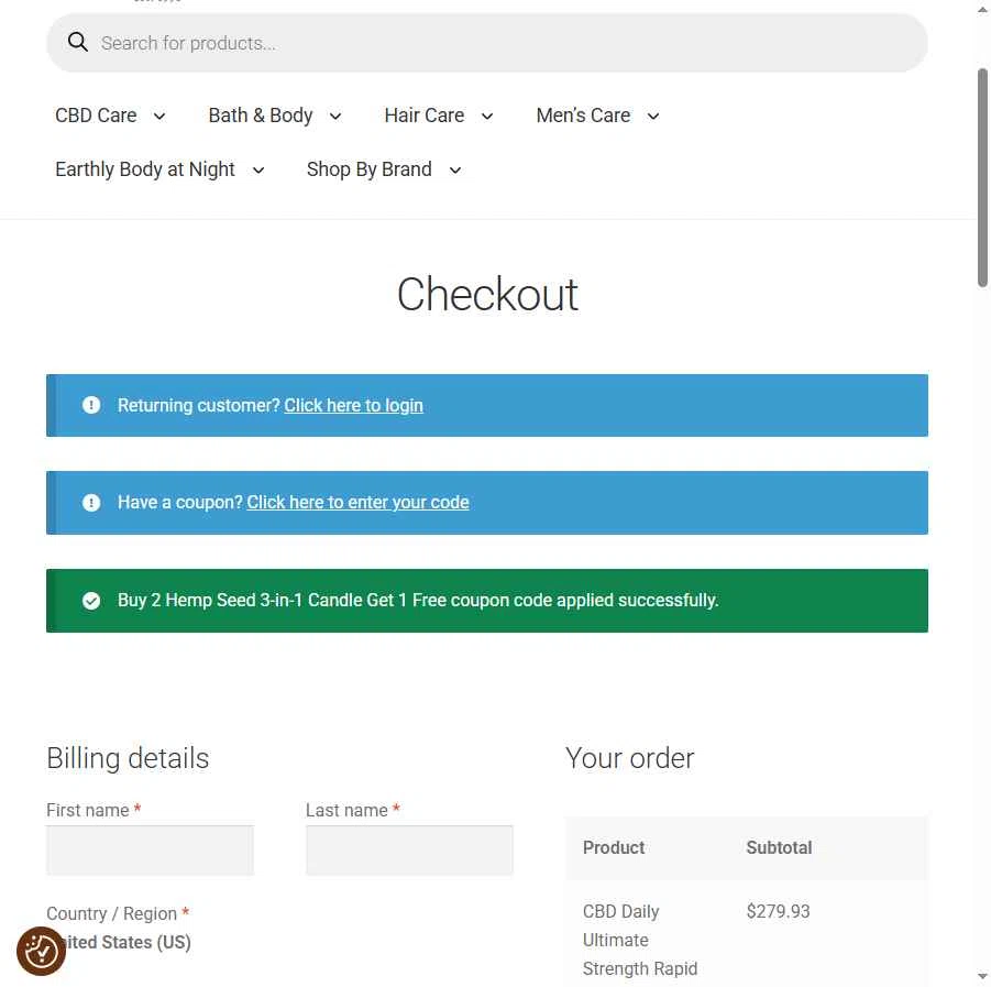 Earthly Body checkout page showing Earthly Body coupon code box | Screenshot taken by SimplyCodes community member on Feb 7, 2026