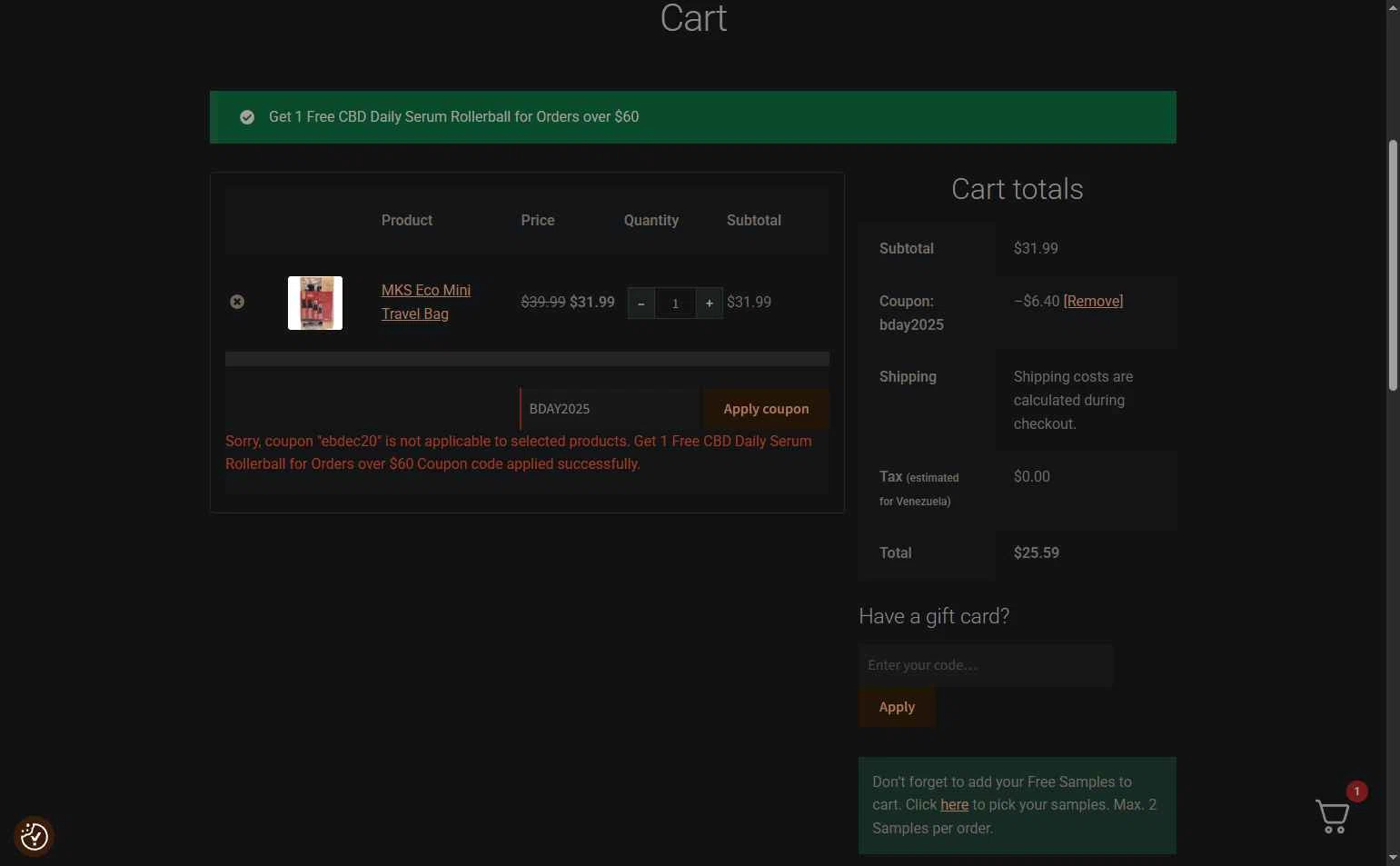 Earthly Body checkout page showing Earthly Body coupon code box | Screenshot taken by SimplyCodes community member on Dec 30, 2025