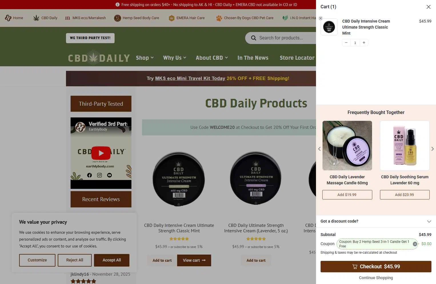 Earthly Body checkout page showing Earthly Body coupon code box | Screenshot taken by SimplyCodes community member on Jan 9, 2026