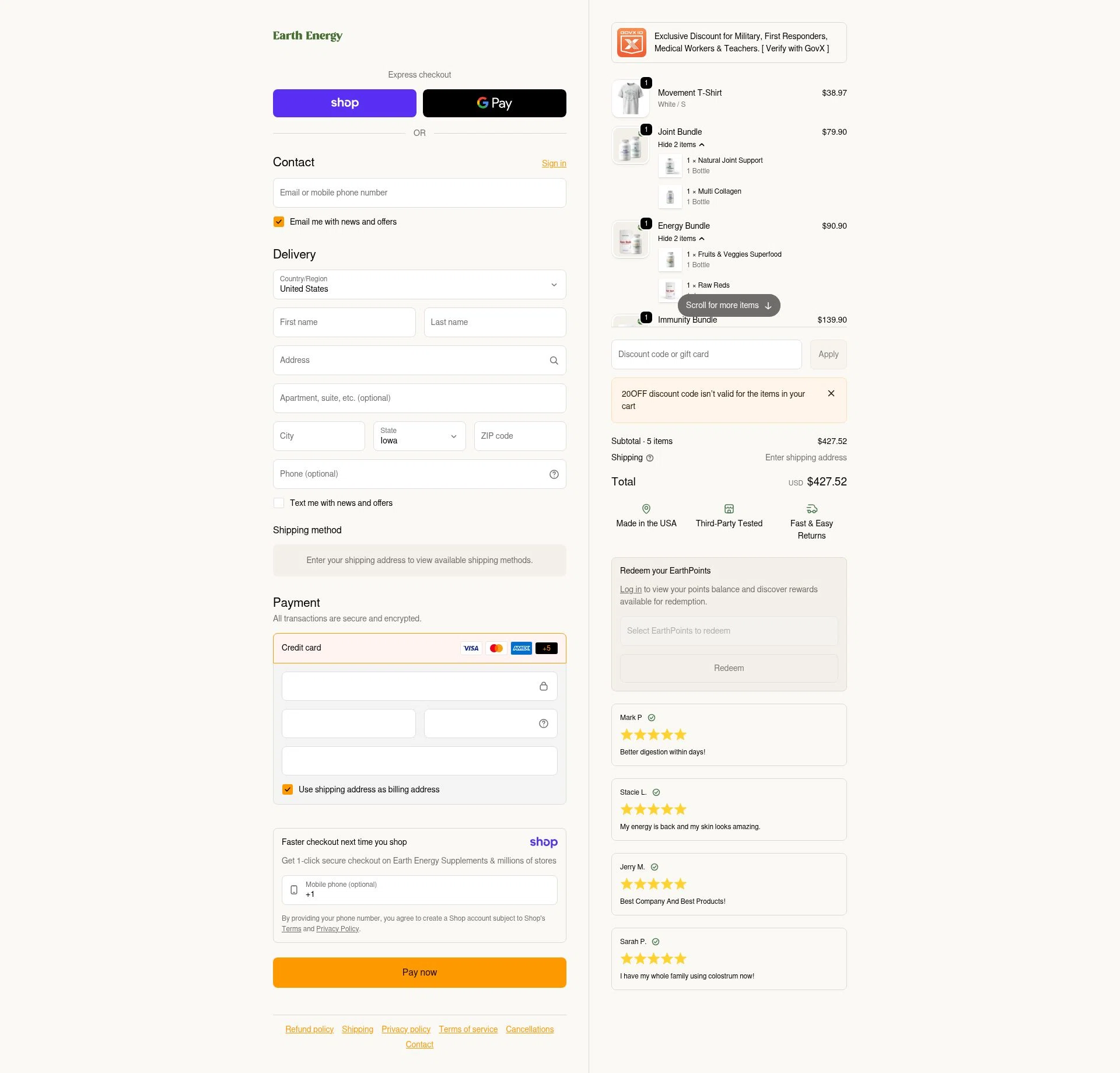 Earth Energy Supplements checkout page showing Earth Energy Supplements discount code box | Screenshot taken by SimplyCodes community member on Jan 18, 2026