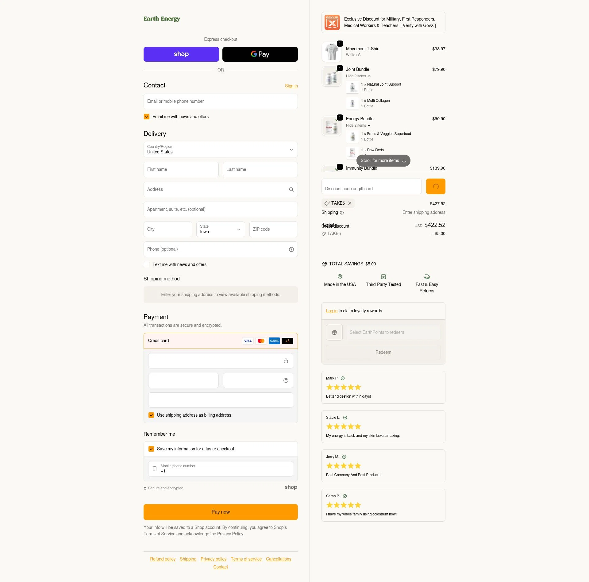 Earth Energy Supplements checkout page showing Earth Energy Supplements discount code box | Screenshot taken by SimplyCodes community member on Jan 28, 2026