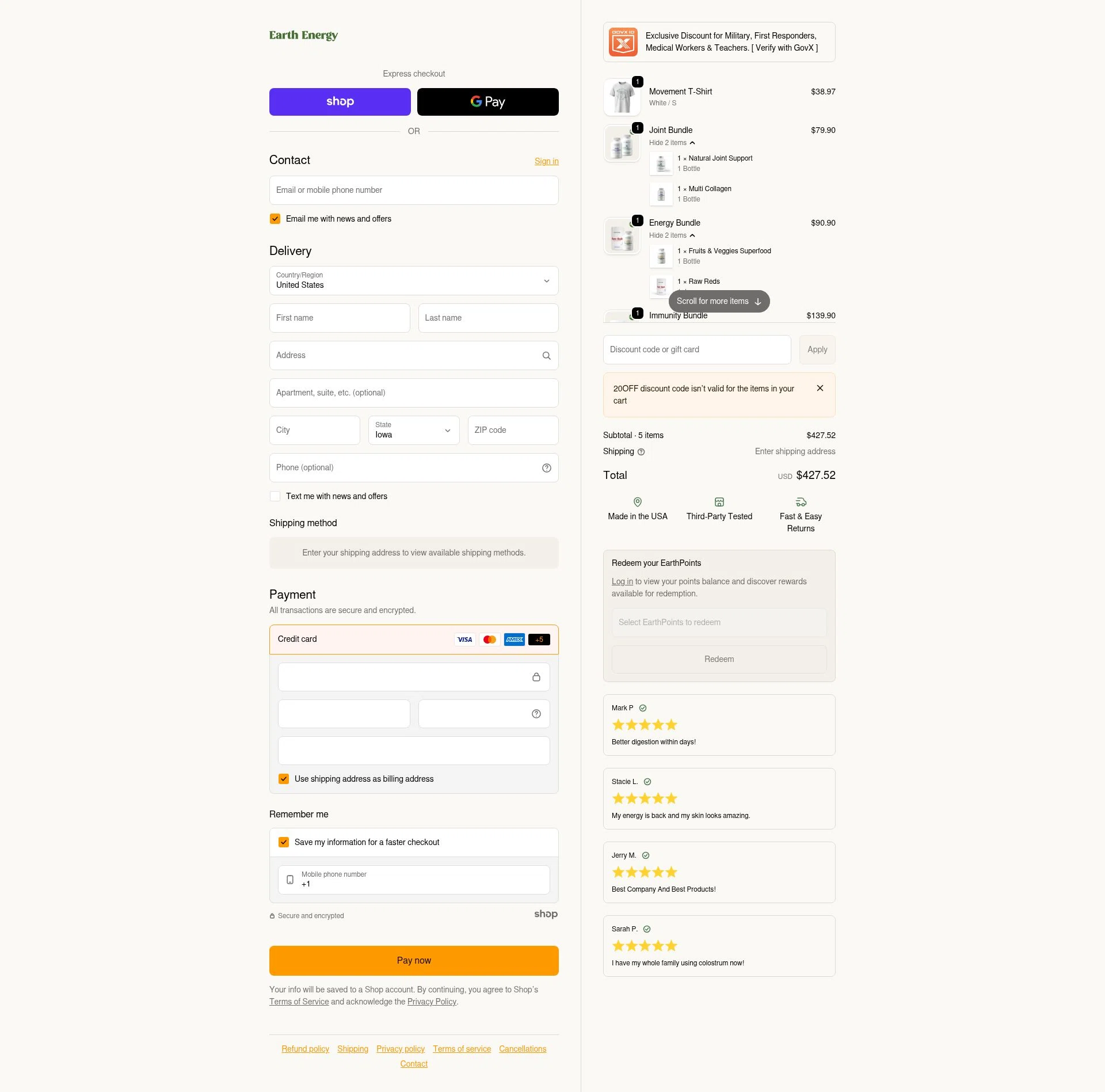 Earth Energy Supplements checkout page showing Earth Energy Supplements discount code box | Screenshot taken by SimplyCodes community member on Jan 23, 2026
