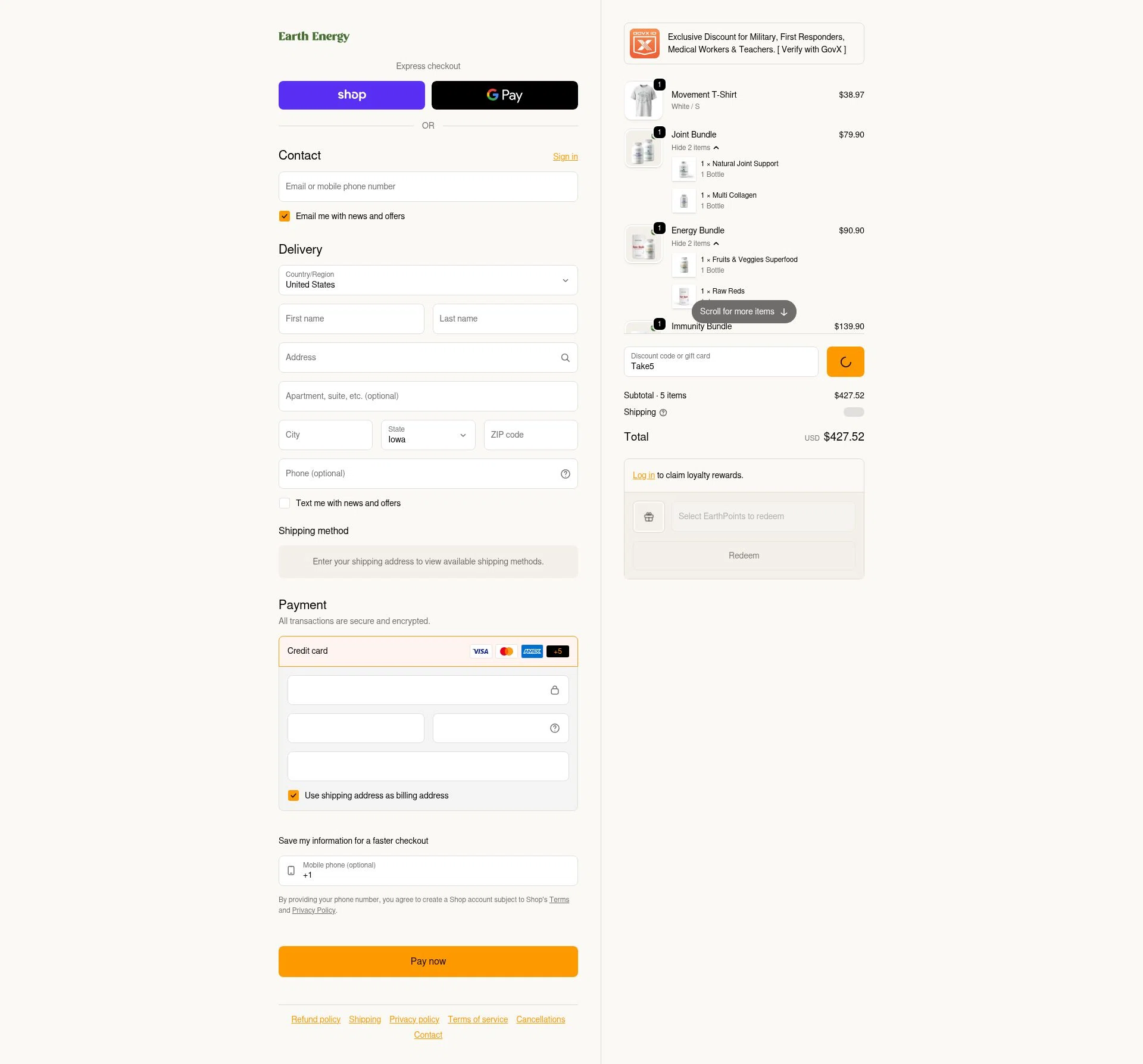 Earth Energy Supplements checkout page showing Earth Energy Supplements discount code box | Screenshot taken by SimplyCodes community member on Feb 10, 2026