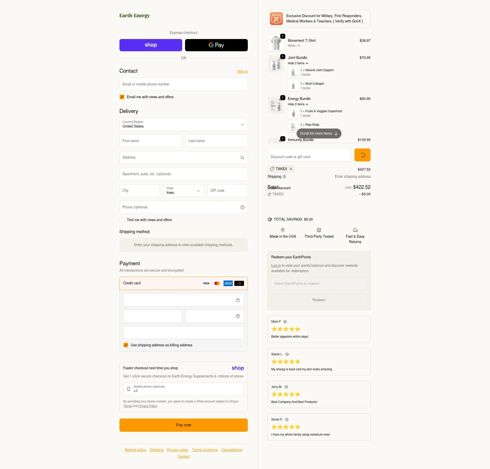 Earth Energy Supplements checkout page showing Earth Energy Supplements discount code box | Screenshot taken by SimplyCodes community member on Jan 18, 2026