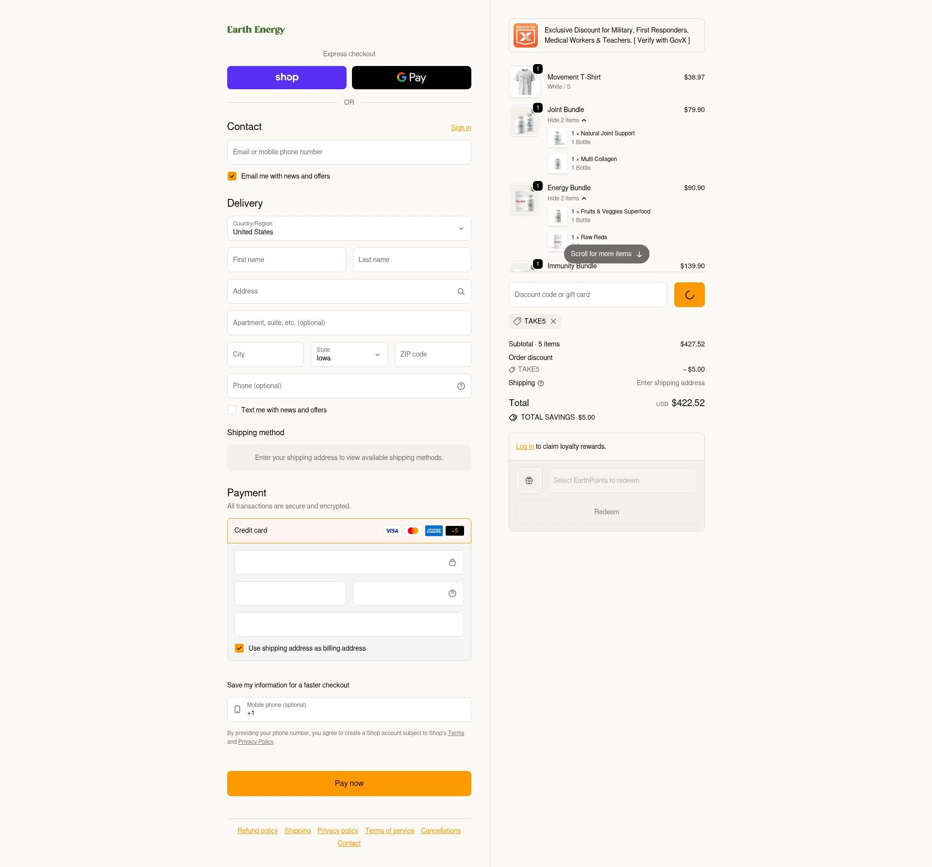 Earth Energy Supplements checkout page showing Earth Energy Supplements discount code box | Screenshot taken by SimplyCodes community member on Feb 1, 2026