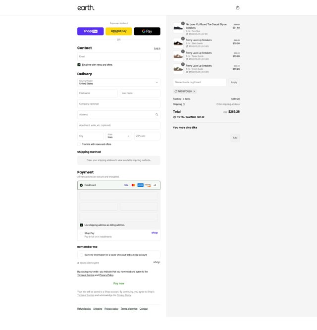 Earth Shoes checkout page showing Earth Shoes discount code box | Screenshot taken by SimplyCodes community member on Aug 27, 2025