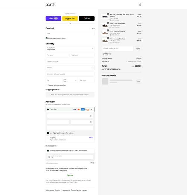 Earth Shoes checkout page showing Earth Shoes discount code box | Screenshot taken by SimplyCodes community member on Aug 27, 2025