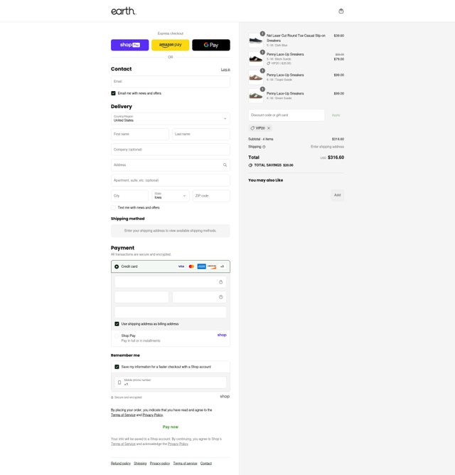 Earth Shoes checkout page showing Earth Shoes discount code box | Screenshot taken by SimplyCodes community member on Aug 27, 2025
