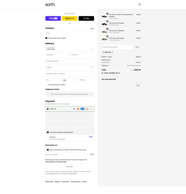 Earth Shoes checkout page showing Earth Shoes discount code box | Screenshot taken by SimplyCodes community member on Aug 27, 2025