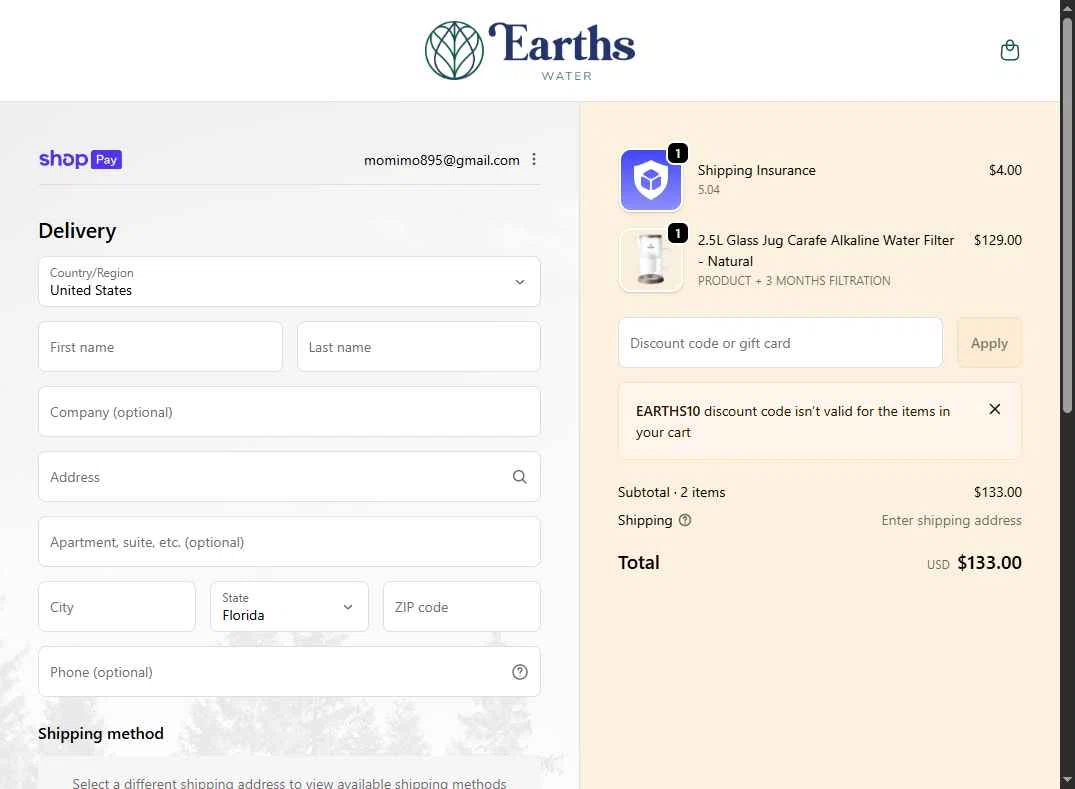 Earths Water checkout page showing Earths Water promo code box | Screenshot taken by SimplyCodes community member on Jan 10, 2026