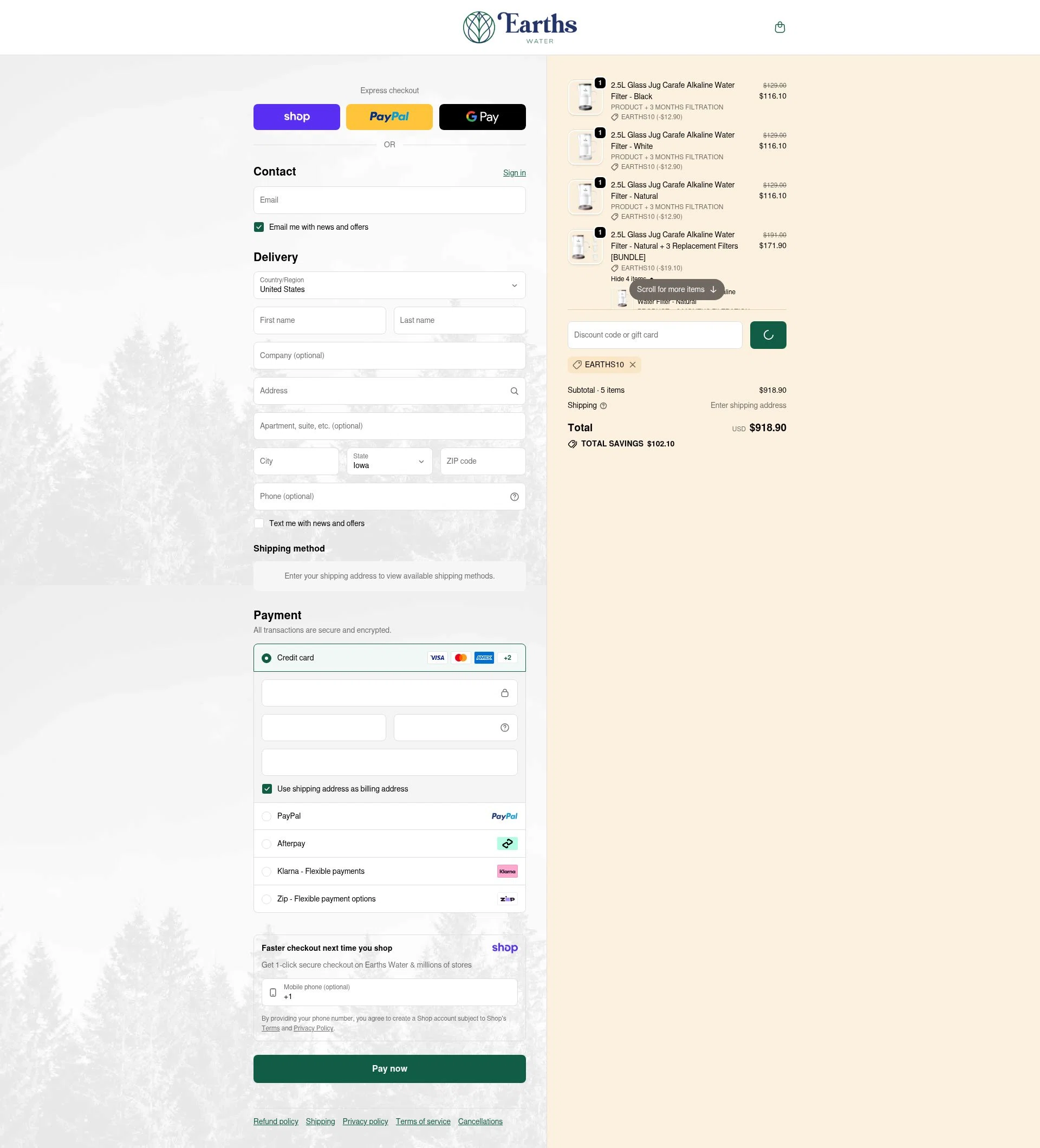 Earths Water checkout page showing Earths Water promo code box | Screenshot taken by SimplyCodes community member on Jan 18, 2026