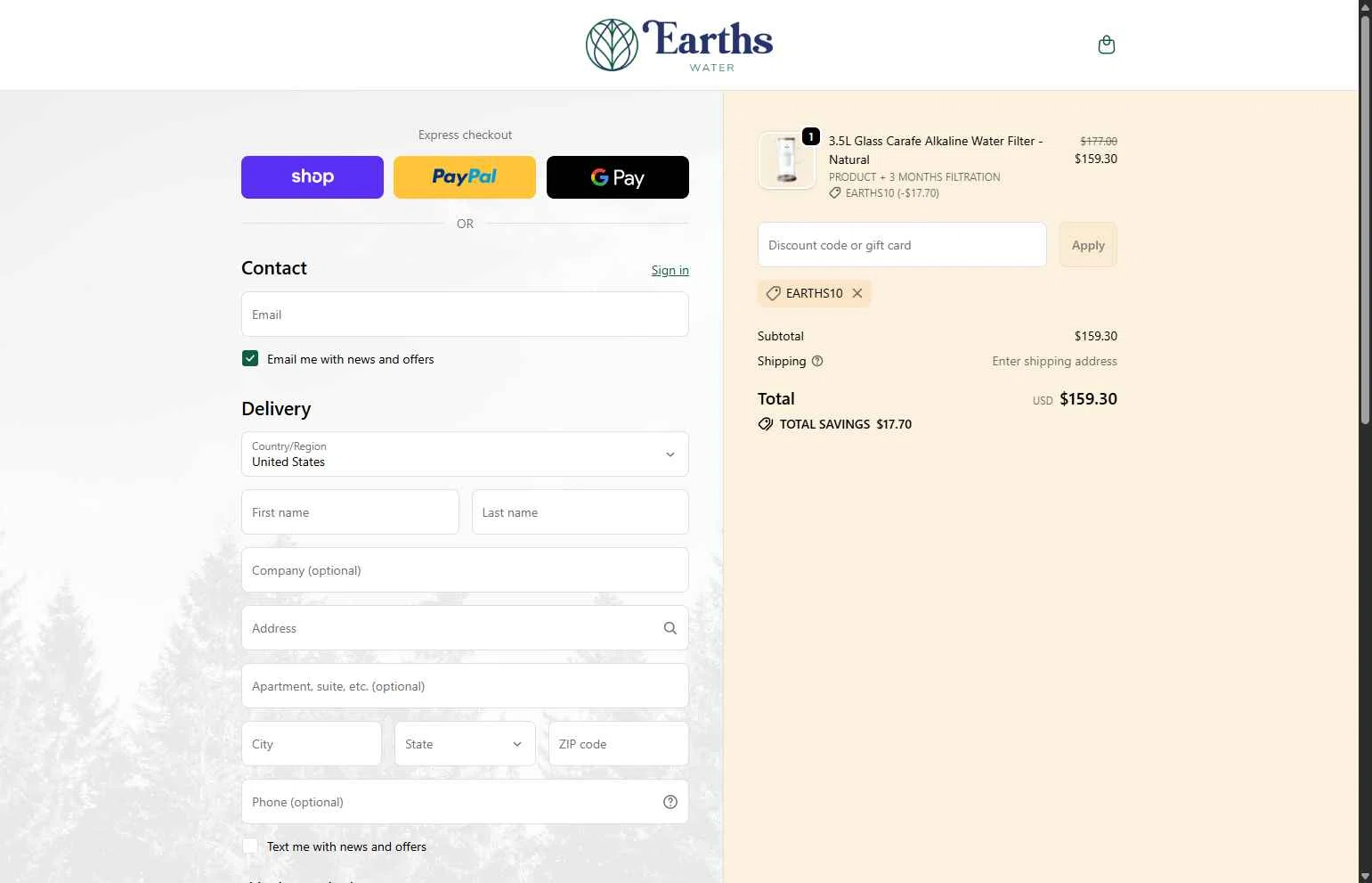 Earths Water checkout page showing Earths Water promo code box | Screenshot taken by SimplyCodes community member on Feb 1, 2026