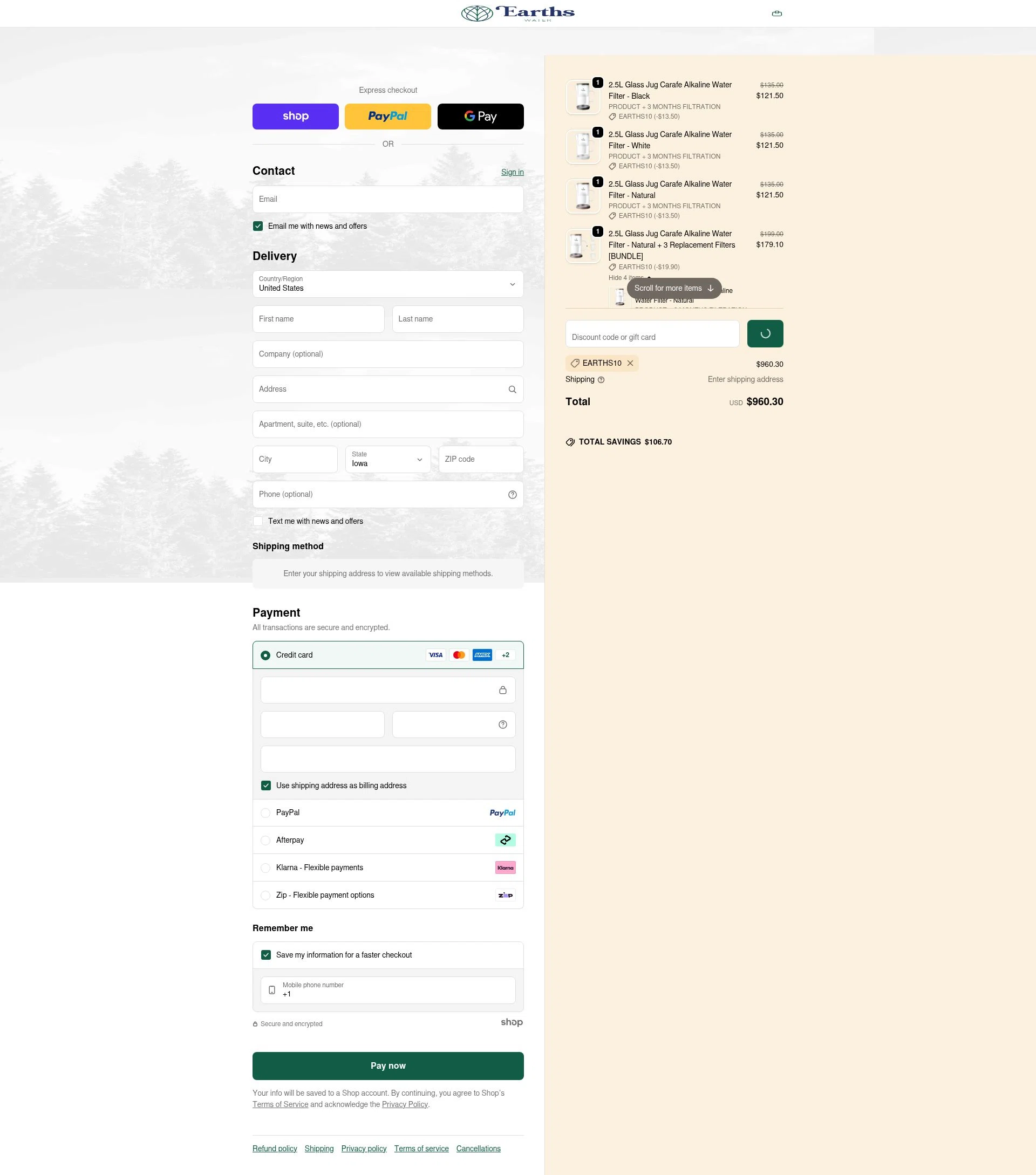 Earths Water checkout page showing Earths Water promo code box | Screenshot taken by SimplyCodes community member on Jan 28, 2026