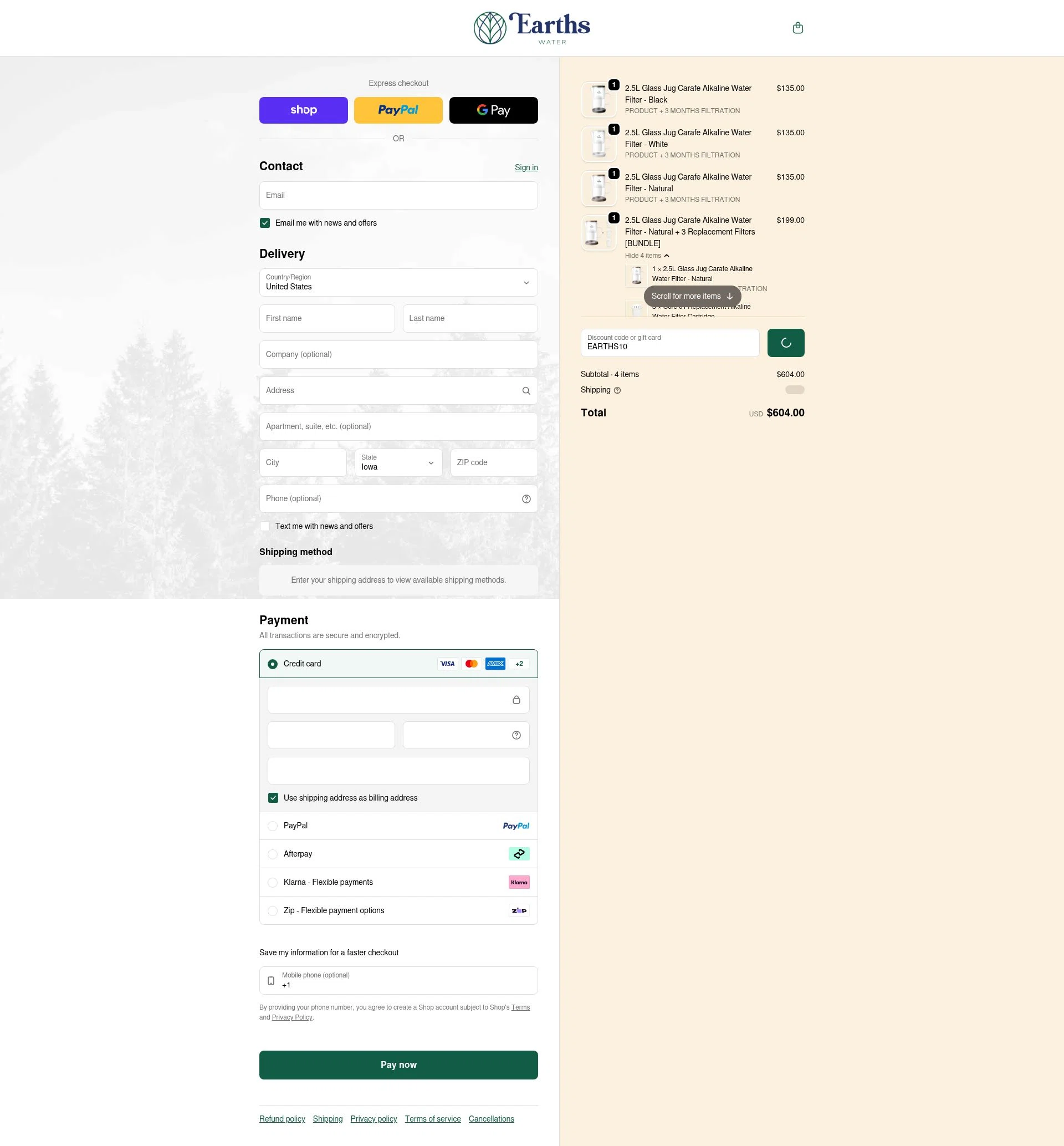Earths Water checkout page showing Earths Water promo code box | Screenshot taken by SimplyCodes community member on Feb 1, 2026