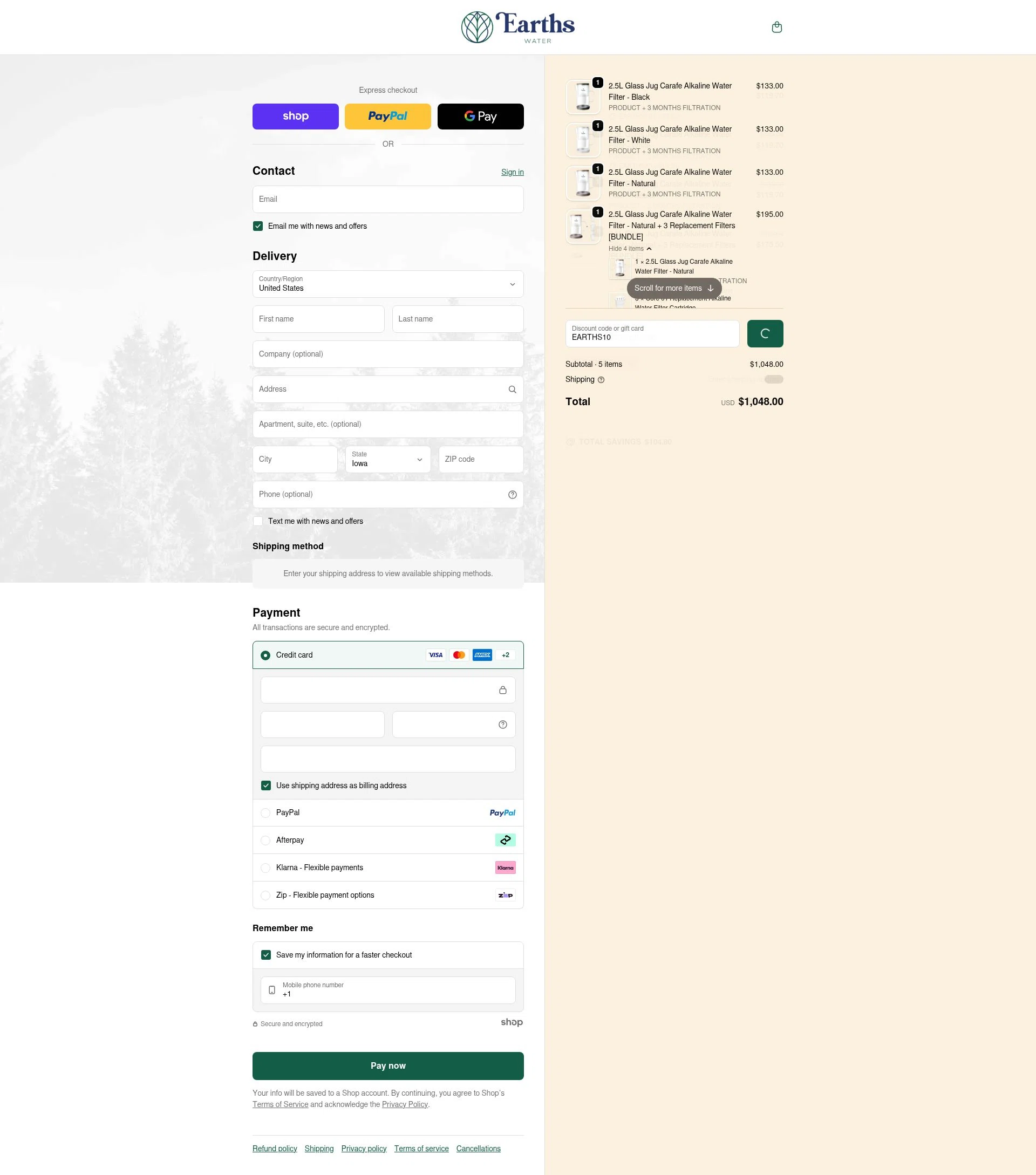 Earths Water checkout page showing Earths Water promo code box | Screenshot taken by SimplyCodes community member on Jan 23, 2026